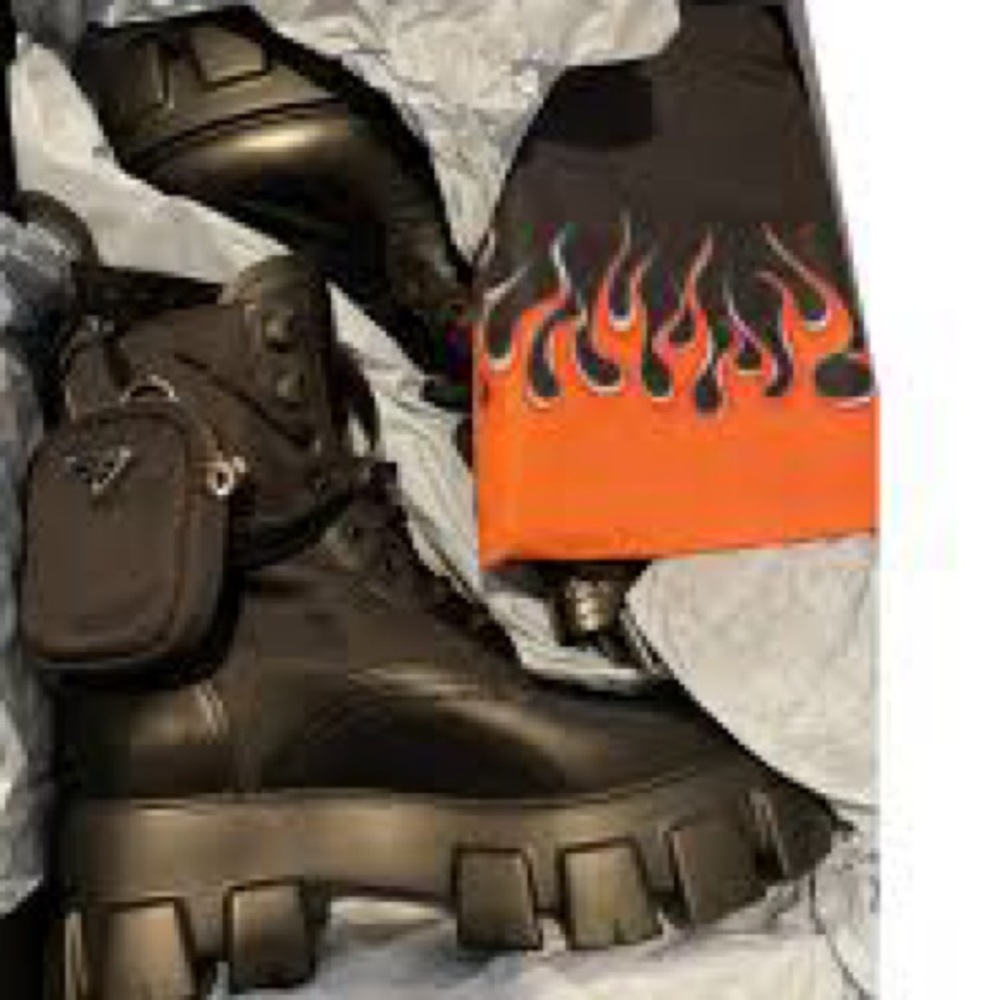 PRADA MONOLITH BLACK LEATHER COMBAT BOOTS